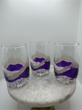 PARKA Low Ball Glass Cups Tumblers Purple Mountains Drinkware Retro Bar Set of 3